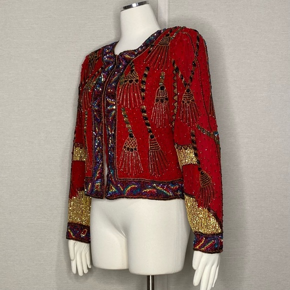 Vintage 80s Lawrence Kazar red beaded evening jacket - Picture 4 of 12